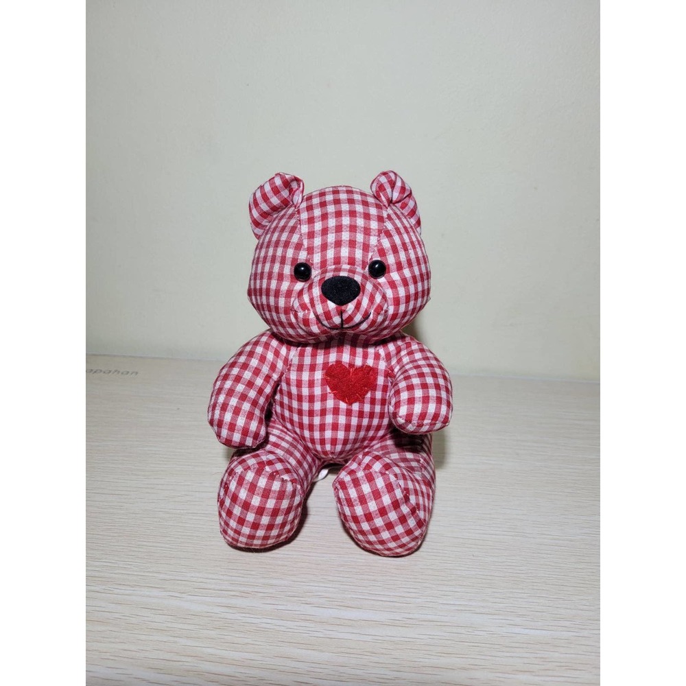 Plaid Teddy Bear Red White Pink Commonwealth stuffed plushie Vintage